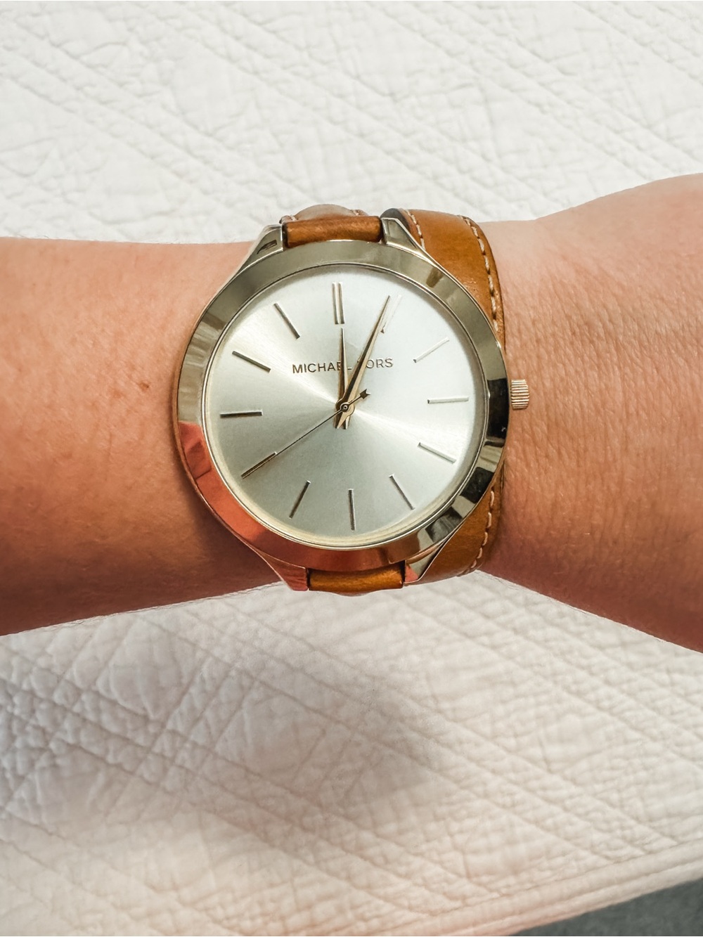 Michael Kors Gold-Tone Case Watch with Tan Leather Strap